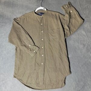 Polo Ralph Lauren Postboy Mens Medium Band Collar Check Shirt Tan Black Cotton